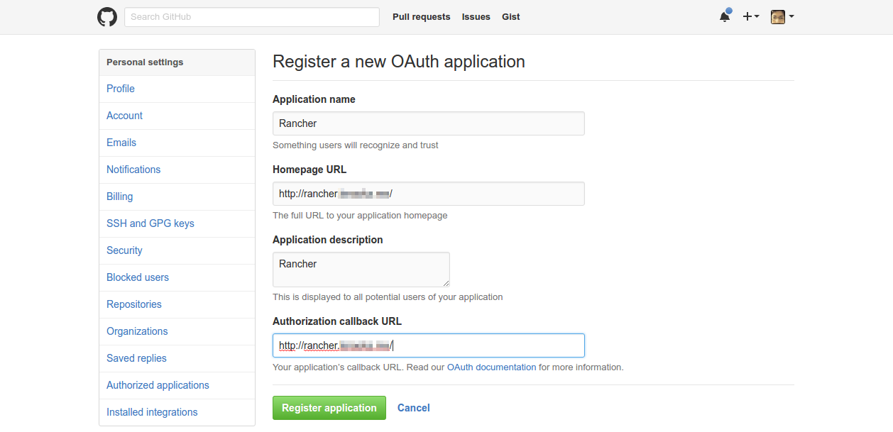 GitHub Register a new OAuth application